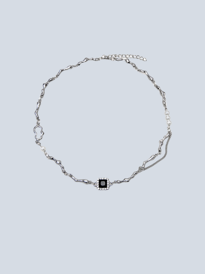 [ZXS] Black Zirconia Inlaid Pearl Necklace AR96