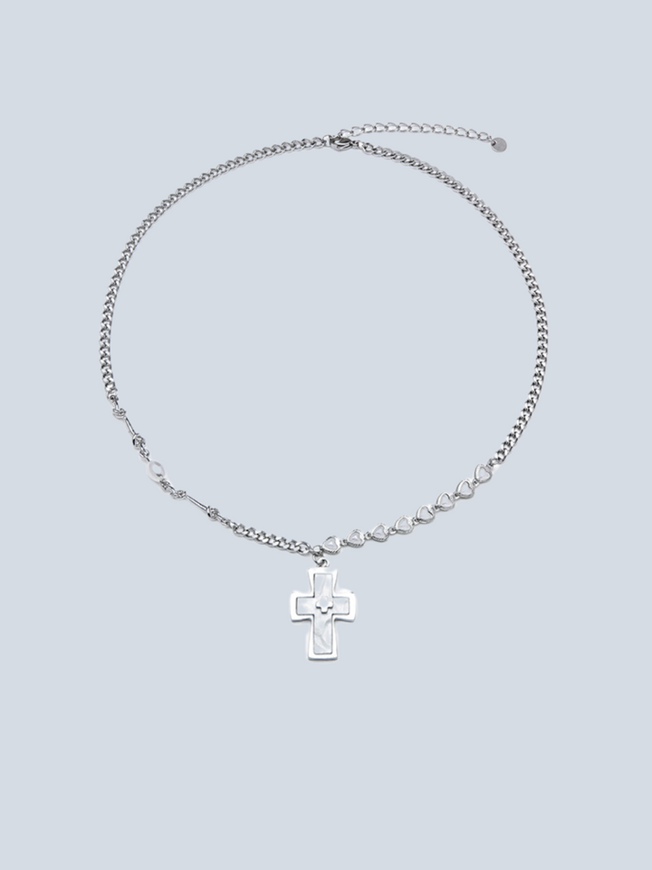 【ZXS】 Minimalist Heart Pearl Cross Pendant Necklace  AR98